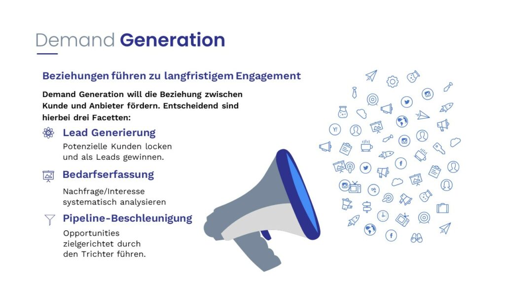 Die drei wichtigsten Aspekte von Demand Generation: Lead-Generierung, Bedardserfassung und Pipeline-Beschleunigung.